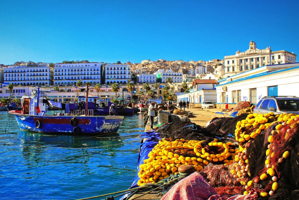 Vibrant day at the Casbah harbor with boats, fishing nets, and waterfront architecture.